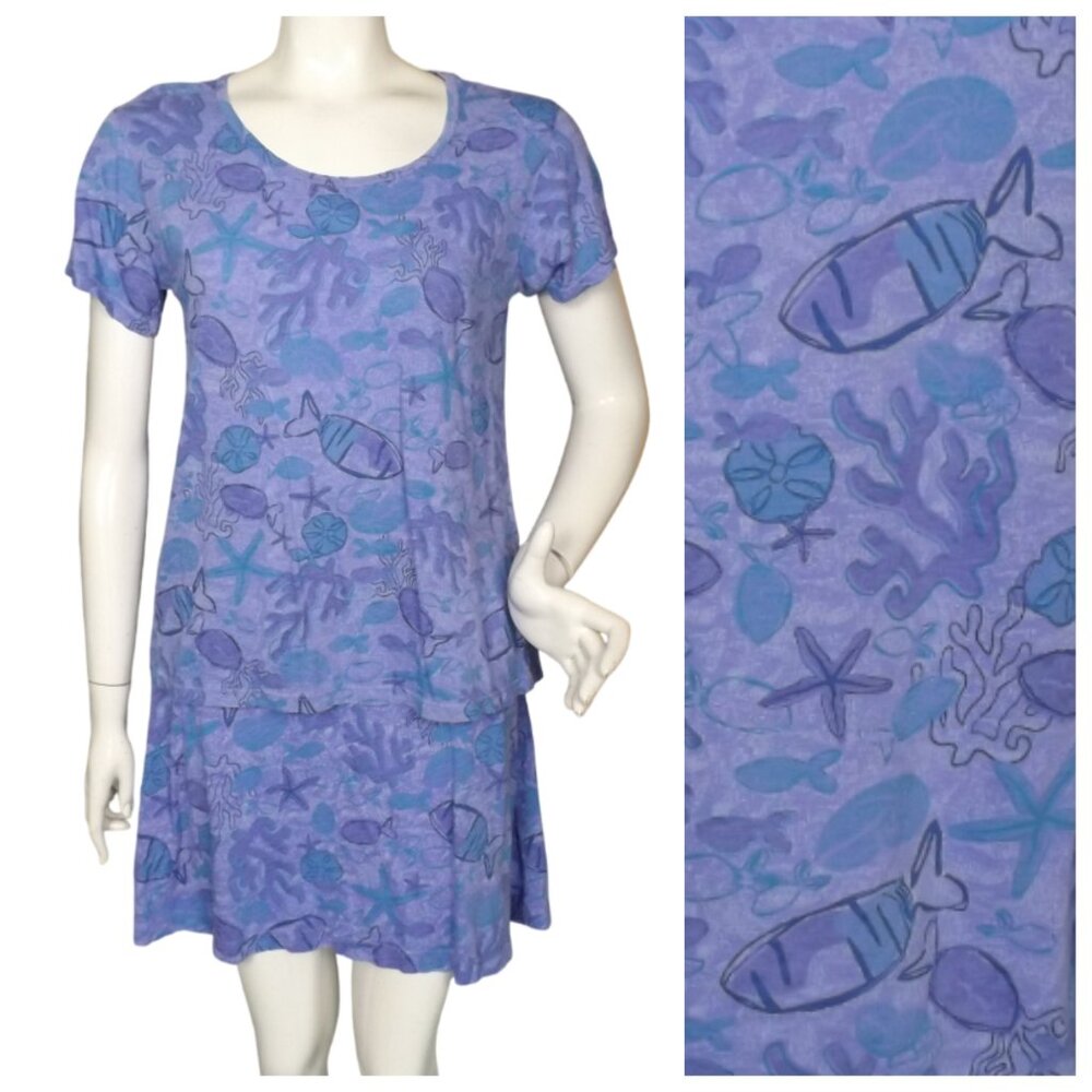 FRESH PRODUCE 2pc Skirt Set, S, Purple/blue Sea life, Top & Skirt, Cotton Jersey